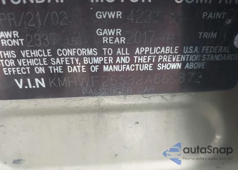 2002 Hyundai Sonata z USA, uszkodzony, nr VIN KMHWF25S32A669872